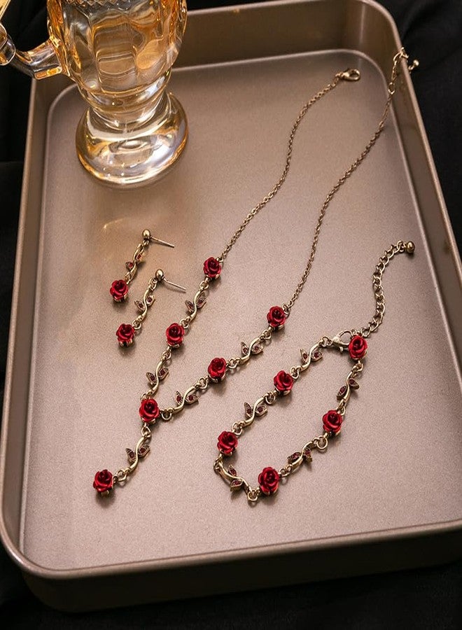 ALAIX 14K Gold Plated Necklaces for Women Dainty Long Rose Pendant Gold Necklace for Girls Vintage Red Flower Women' Necklace Pendant Necklace Earring Bracelet Sets - Image 4